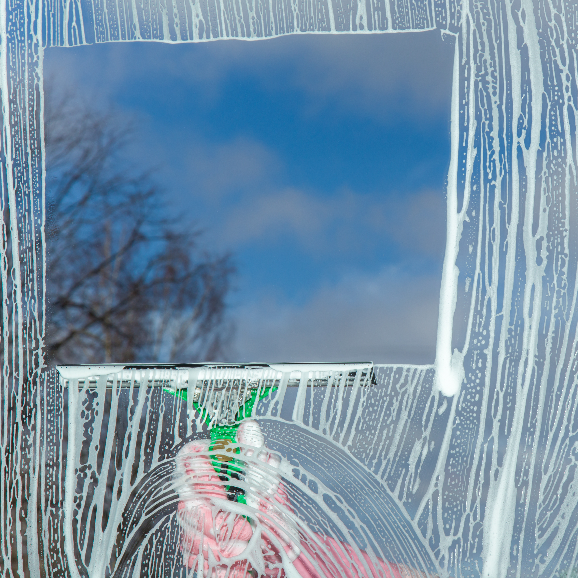 A sweep of a squeegee on a window being cleaned, revealing blue skies and a tree outside.