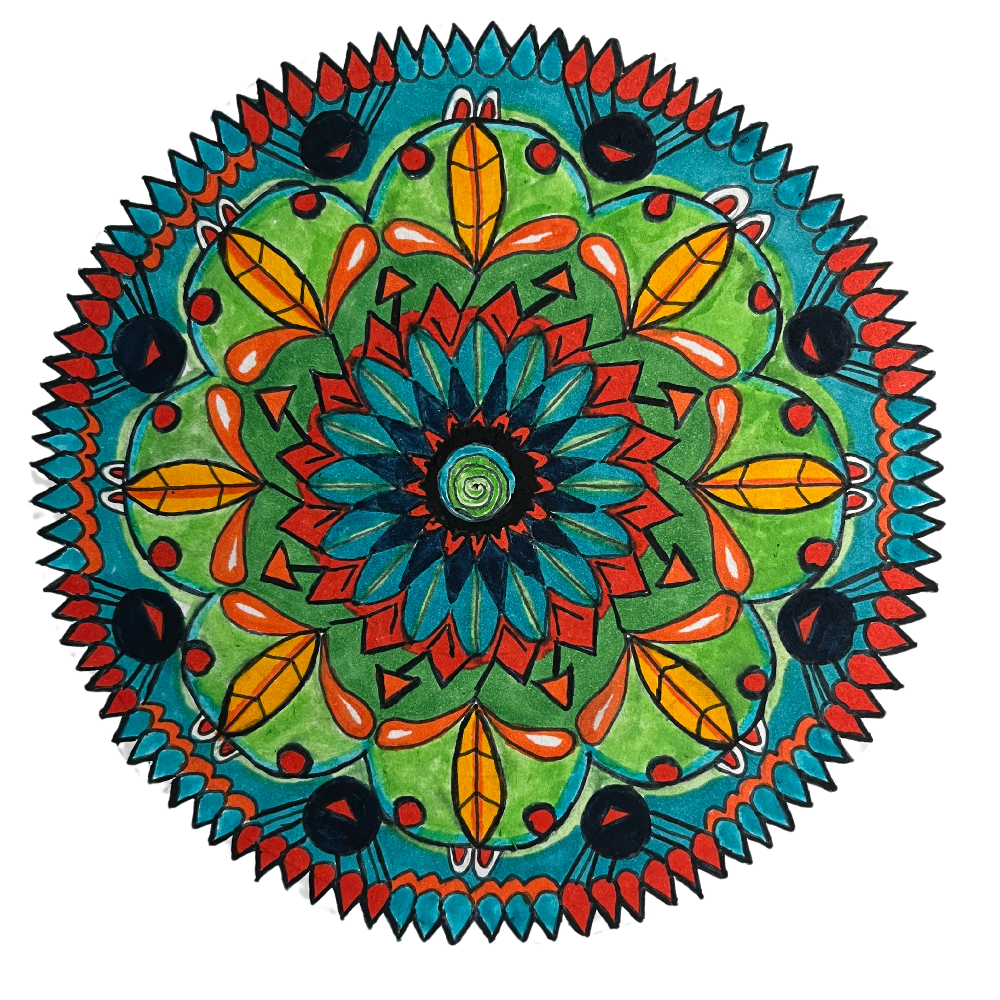 A photo of a hand-made mandala with teal, green, orange and red shapes and symbols.