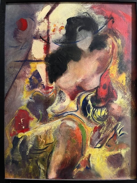 author's photo of an abstract painting by her mom; the painting is of a woman by an easel surrounded by flowers  