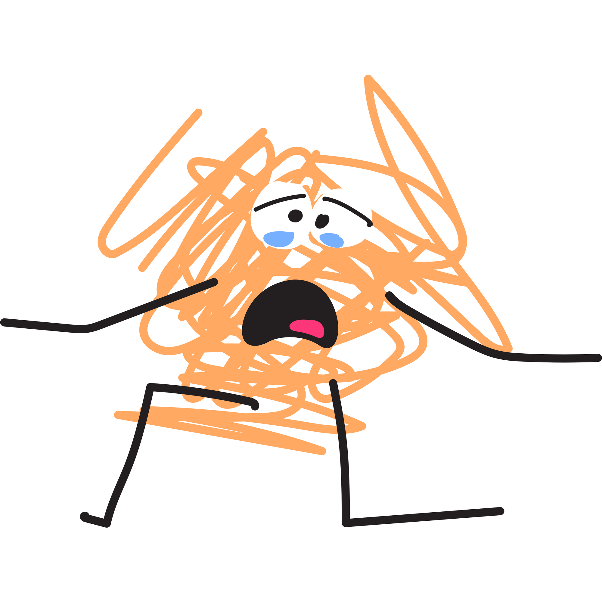 A graphic of a stick figure drawing, with orange scribble lines, of a person experiencing sadness