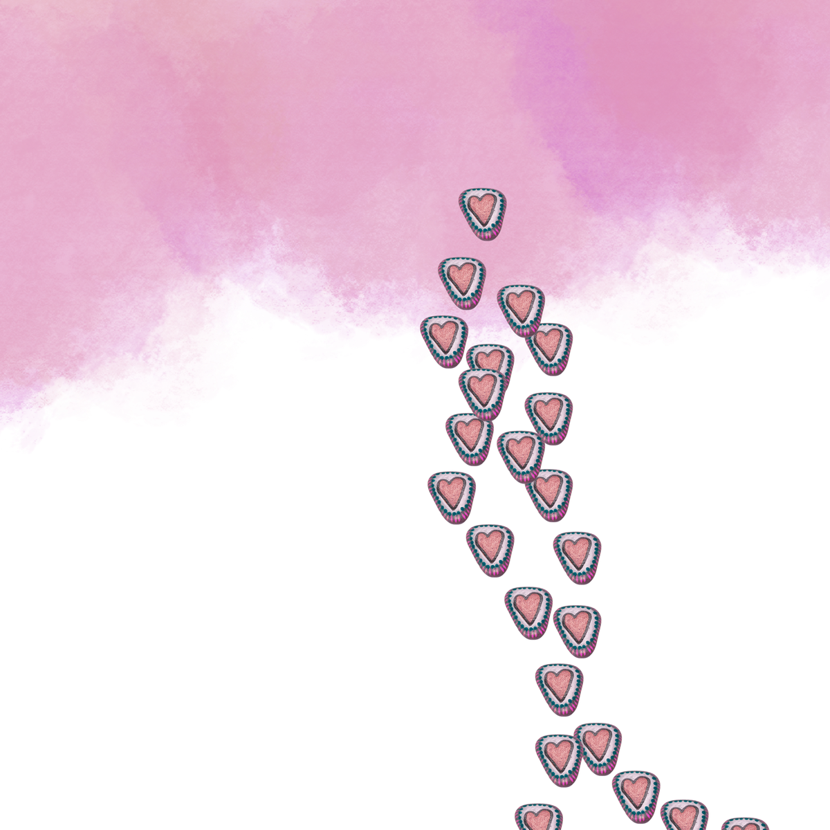 pink clouds with a trail of pink heart-painted rocks falling from the sky