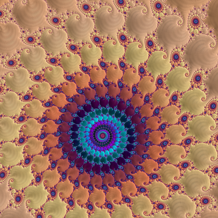 A fractal design using beige, orange, blue and purple concentric circles and swirls.