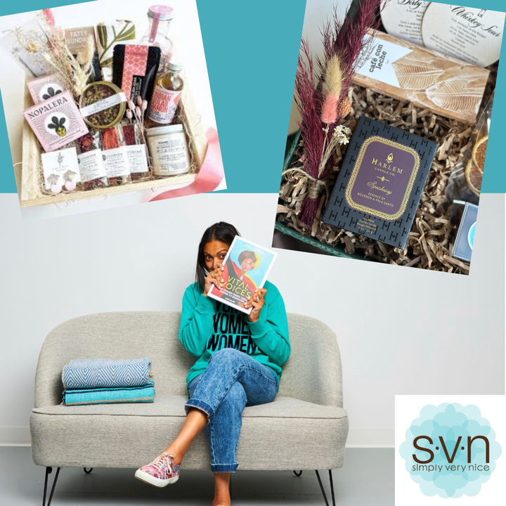 photo montage with a photo of the founder of Simply Very Nice, Shefali, sitting on a couch; photos of her curated gift boxes 